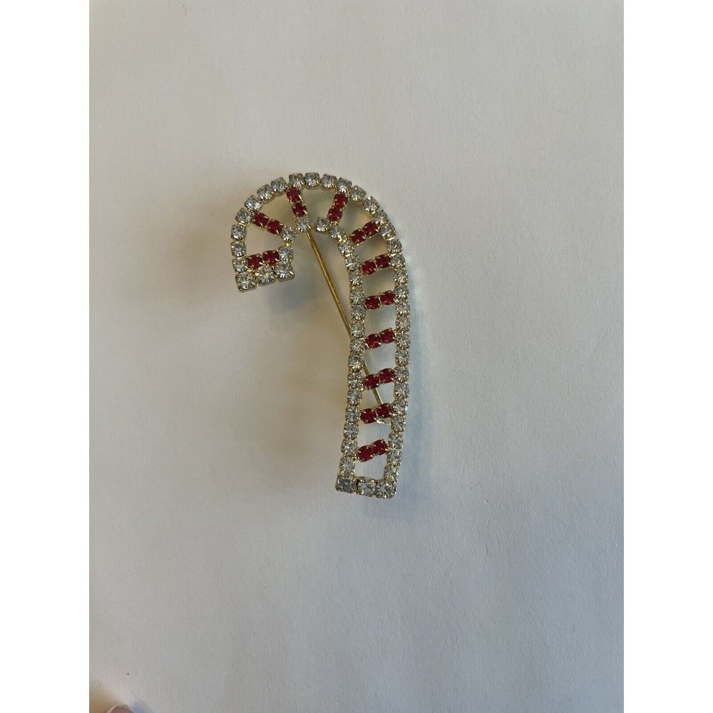 Vintage Christmas Candy Cane Rhinestone Brooch Costume Jewelry Pin Red White